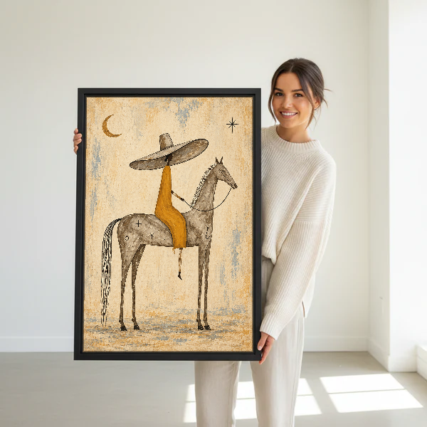Sombrero Horse Rider Canvas Wall Art held in a black frame by a standing woman in white.