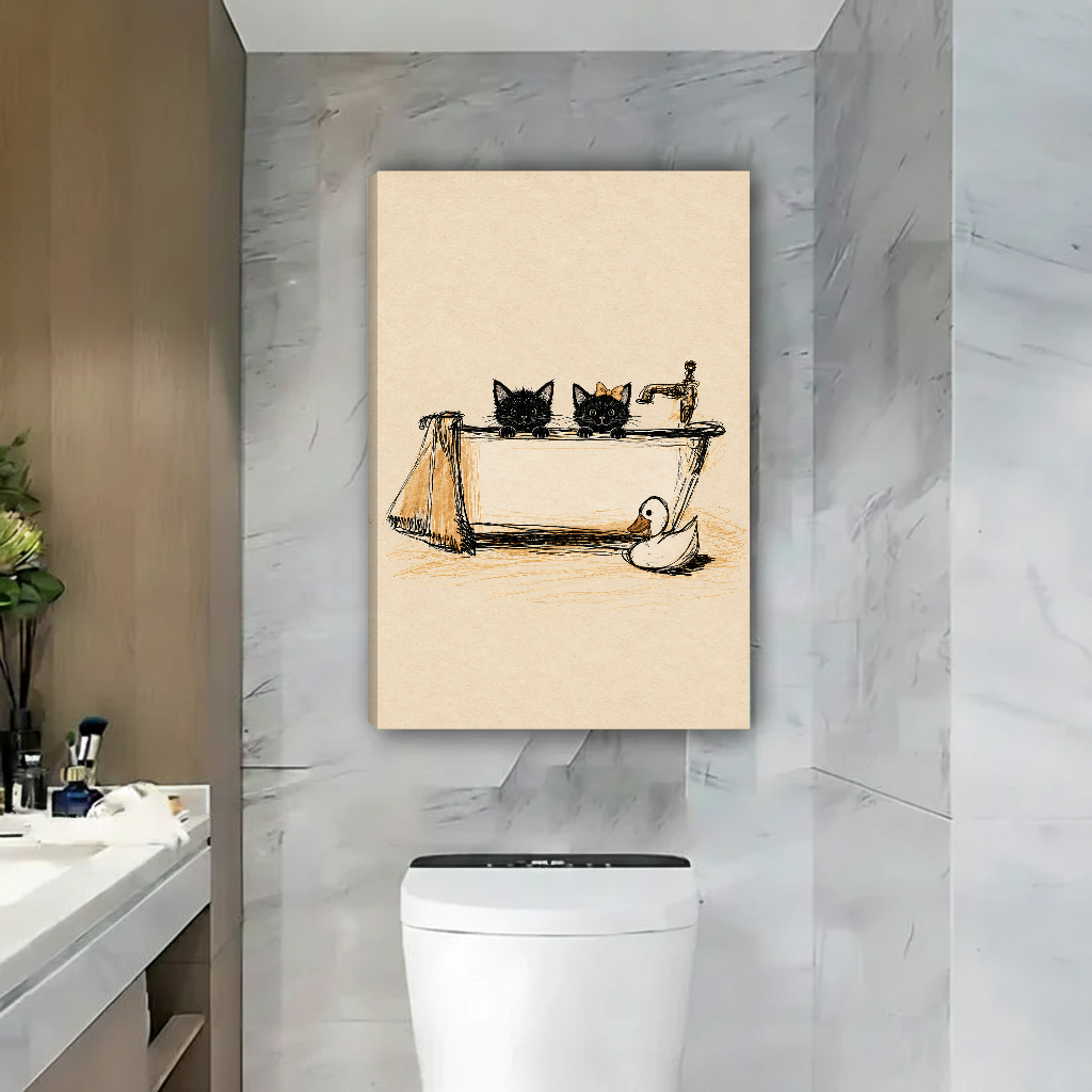 Bathroom Cats Canvas Wall Art unframed above a toilet beside a wooden bathroom door.