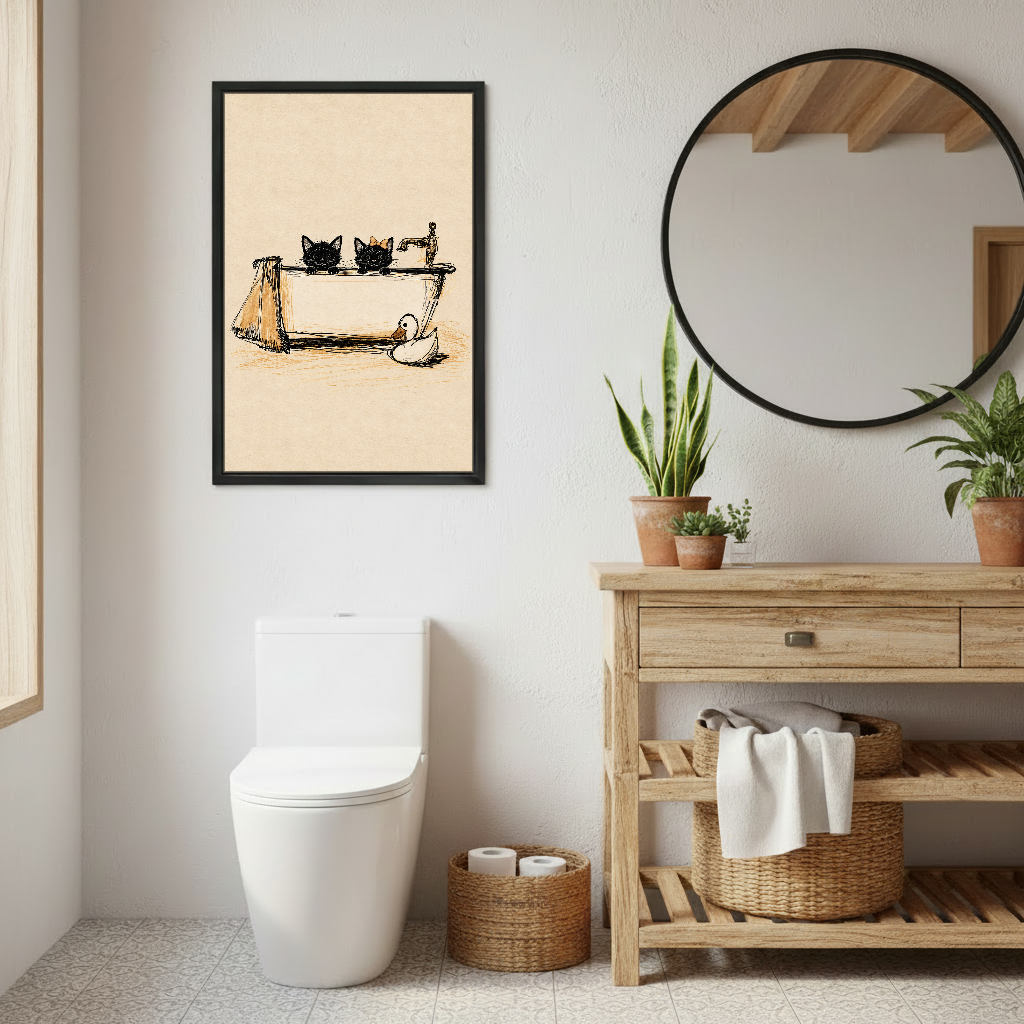Bathroom Cats Canvas Wall Art framed beside a wooden vanity and round bathroom mirror.