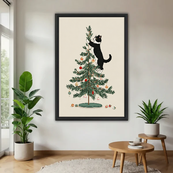 Christmas Tree Cat Canvas Wall Art framed above a warm wood table with leafy plants.