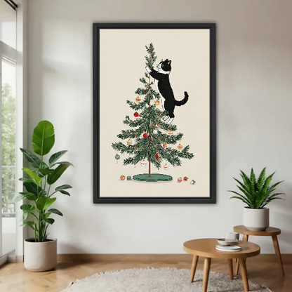 Christmas Tree Cat Canvas Wall Art framed above a warm wood table with leafy plants.