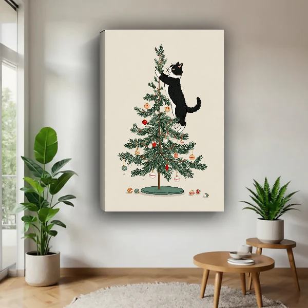 Christmas Tree Cat Canvas Wall Art unframed above a wood table with green plants.