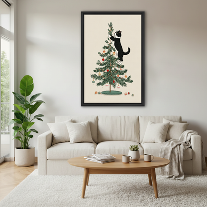 Christmas Tree Cat Canvas Wall Art framed above a white sofa and round coffee table.