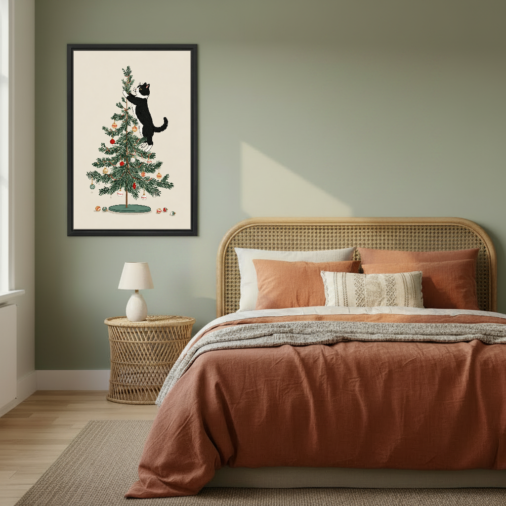 Christmas Tree Cat Canvas Wall Art framed above a copper bed against a muted green wall.