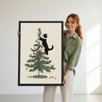 Christmas Tree Cat Canvas Wall Art held in a black frame by a standing woman in green.