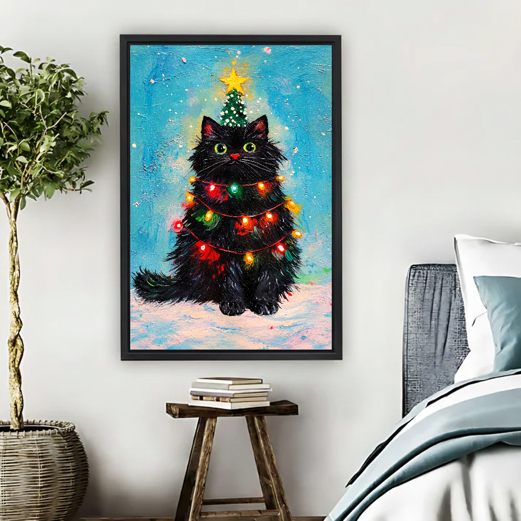 Christmas Lights Cat Canvas Wall Art framed beside a blue bed with books and leafy plant.