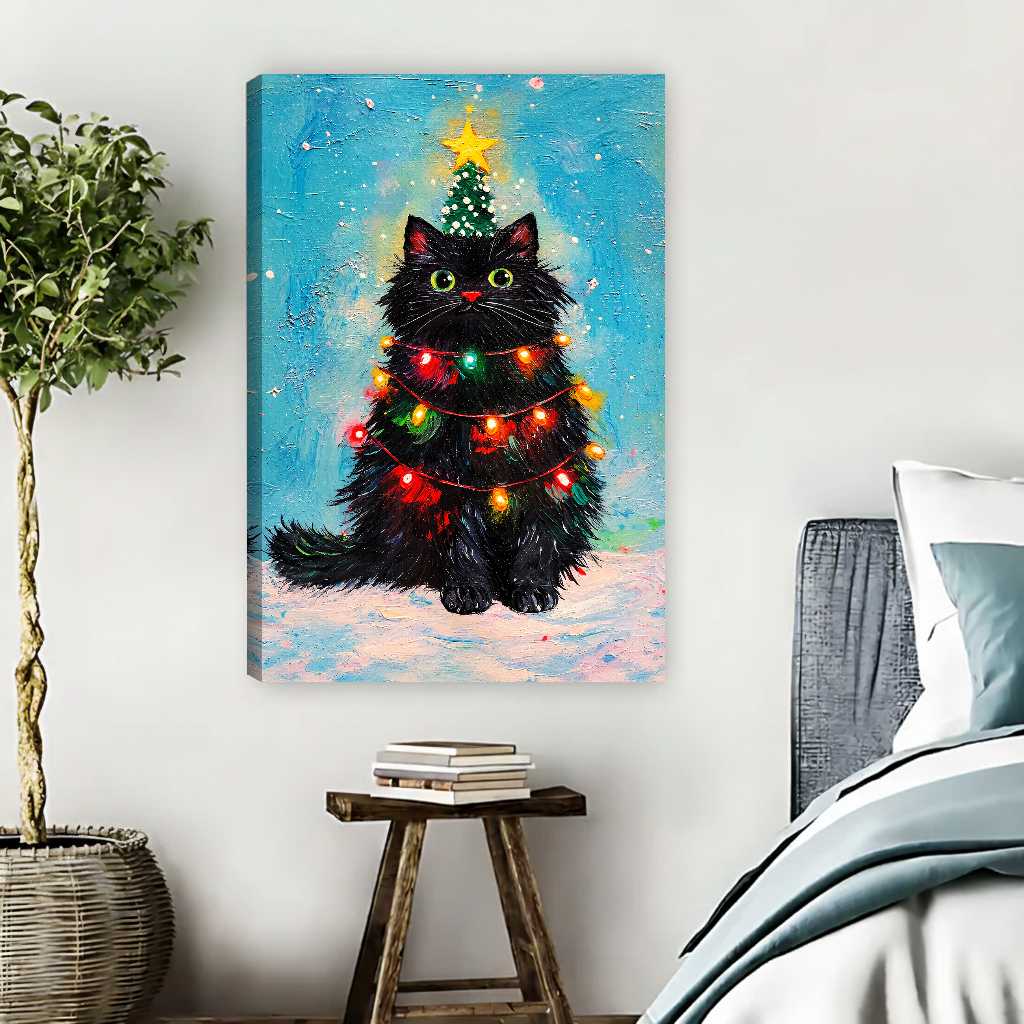 Christmas Lights Cat Canvas Wall Art unframed beside a blue bed and wooden book stool.