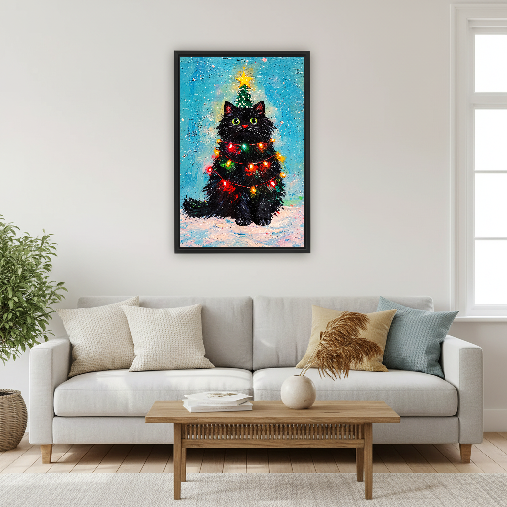 Christmas Lights Cat Canvas Wall Art framed above a pale gray sofa and wood coffee table.