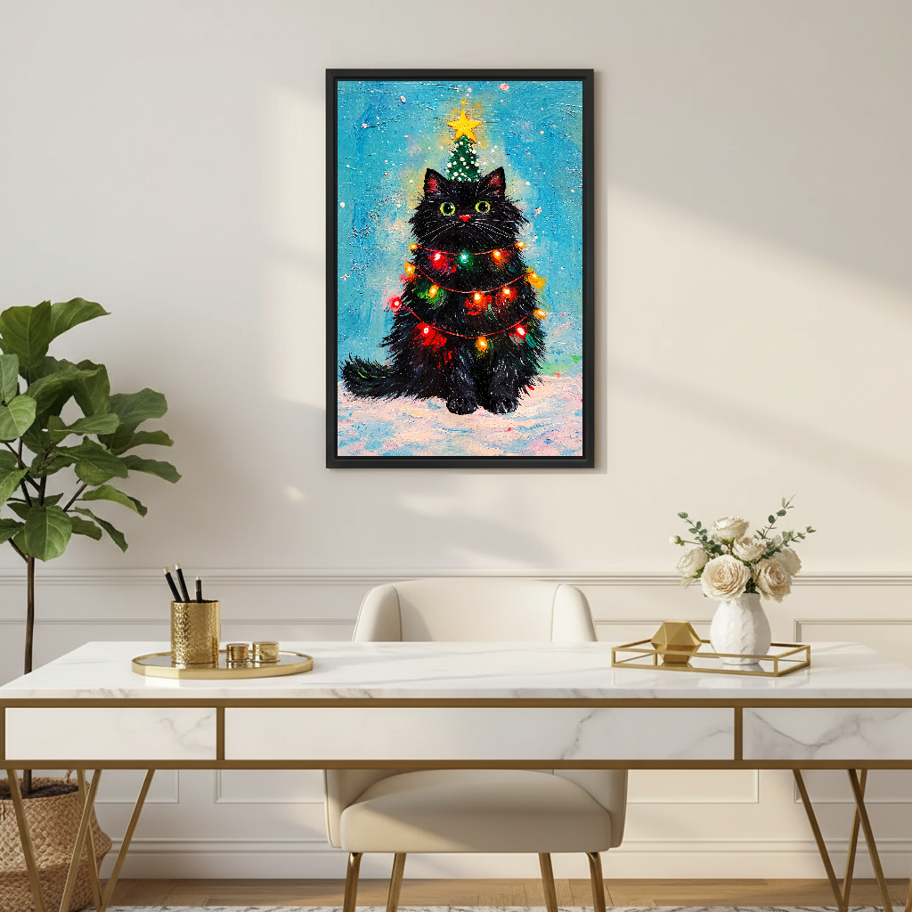 Christmas Lights Cat Canvas Wall Art framed above a white desk with flowers and gold accents.