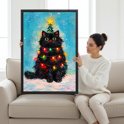 Christmas Lights Cat Canvas Wall Art held in a black frame by a woman seated on a pale sofa.