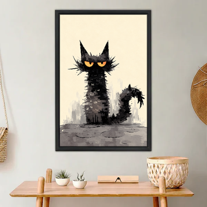 Grumpy Black Cat Canvas Wall Art framed above a light wood console with cacti.