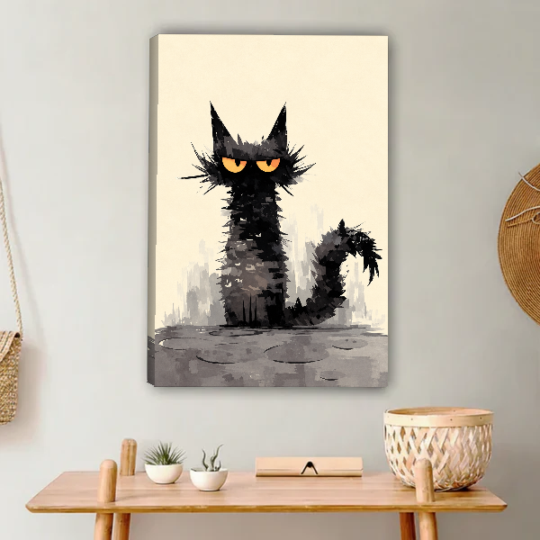 Grumpy Black Cat Canvas Wall Art unframed above a light wood console and woven basket.