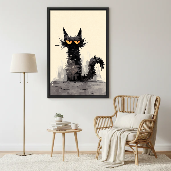 Grumpy Black Cat Canvas Wall Art framed beside a wicker armchair with floor lamp.