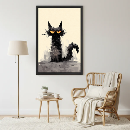 Grumpy Black Cat Canvas Wall Art framed beside a wicker armchair with floor lamp.