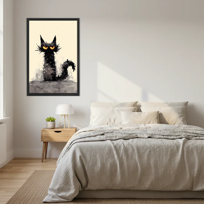 Grumpy Black Cat Canvas Wall Art framed above a cream bed with wooden nightstands.
