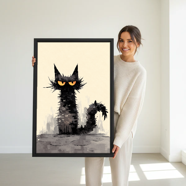 Grumpy Black Cat Canvas Wall Art held in a black frame by a standing woman in white.