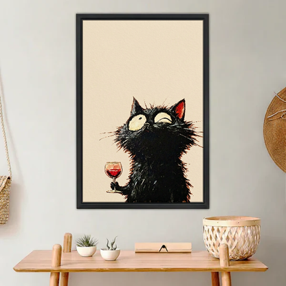 Wide Eyed Wine Cat Canvas Wall Art framed above a light wood console with cacti.