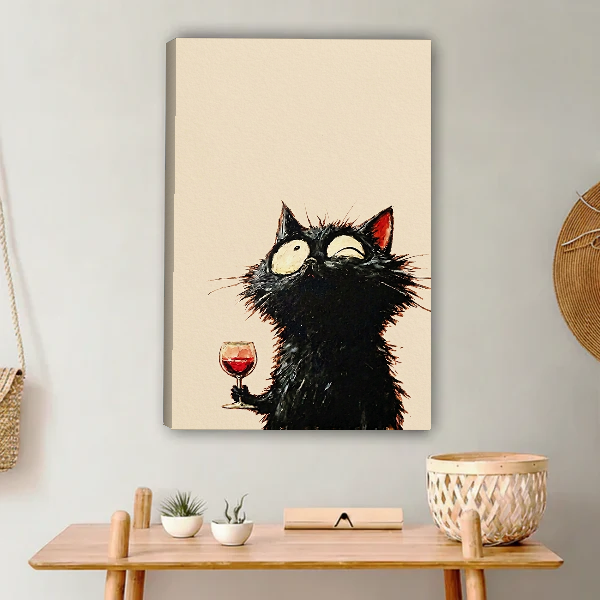 Wide Eyed Wine Cat Canvas Wall Art unframed above a light wood console and woven basket.