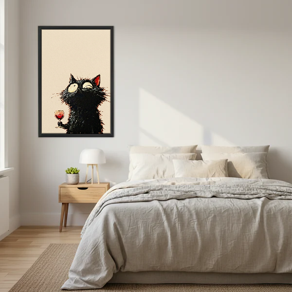 Wide Eyed Wine Cat Canvas Wall Art framed above a cream bed with wooden nightstands.