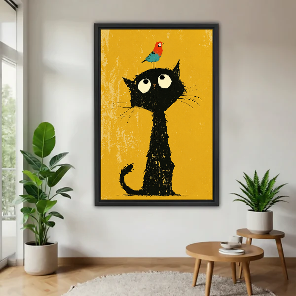 Black Cat Bird Friend Canvas Wall Art framed above a warm wood table with leafy plants.