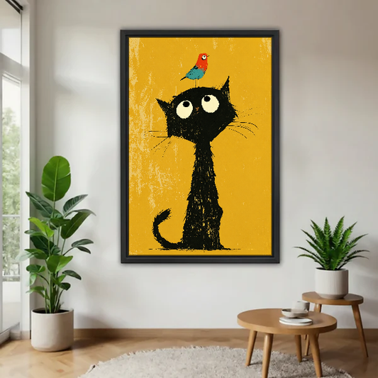 Black Cat Bird Friend Canvas Wall Art framed above a warm wood table with leafy plants.