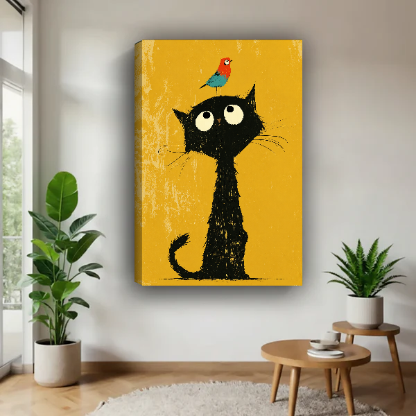 Black Cat Bird Friend Canvas Wall Art unframed above a wood table with green plants.