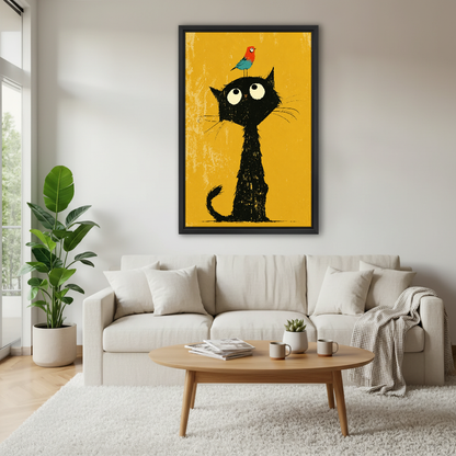 Black Cat Bird Friend Canvas Wall Art framed above a white sofa and round coffee table.