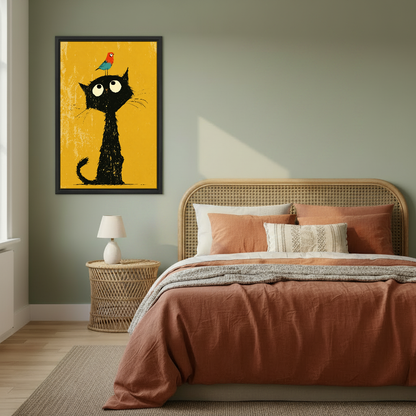 Black Cat Bird Friend Canvas Wall Art framed above a copper bed against a muted green wall.