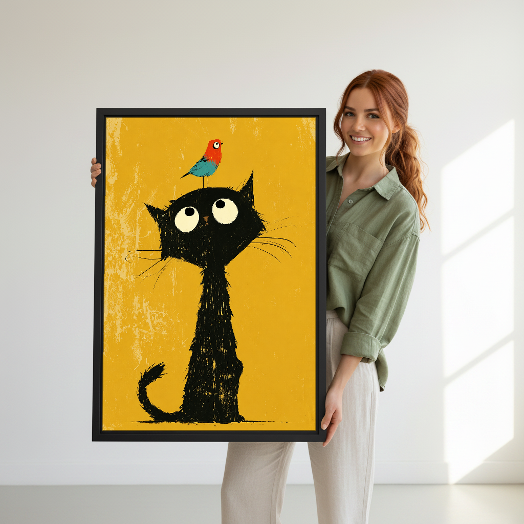 Black Cat Bird Friend Canvas Wall Art held in a black frame by a standing woman in green.