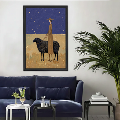 Woman Black Sheep Canvas Wall Art framed above a navy sofa beside a leafy palm.