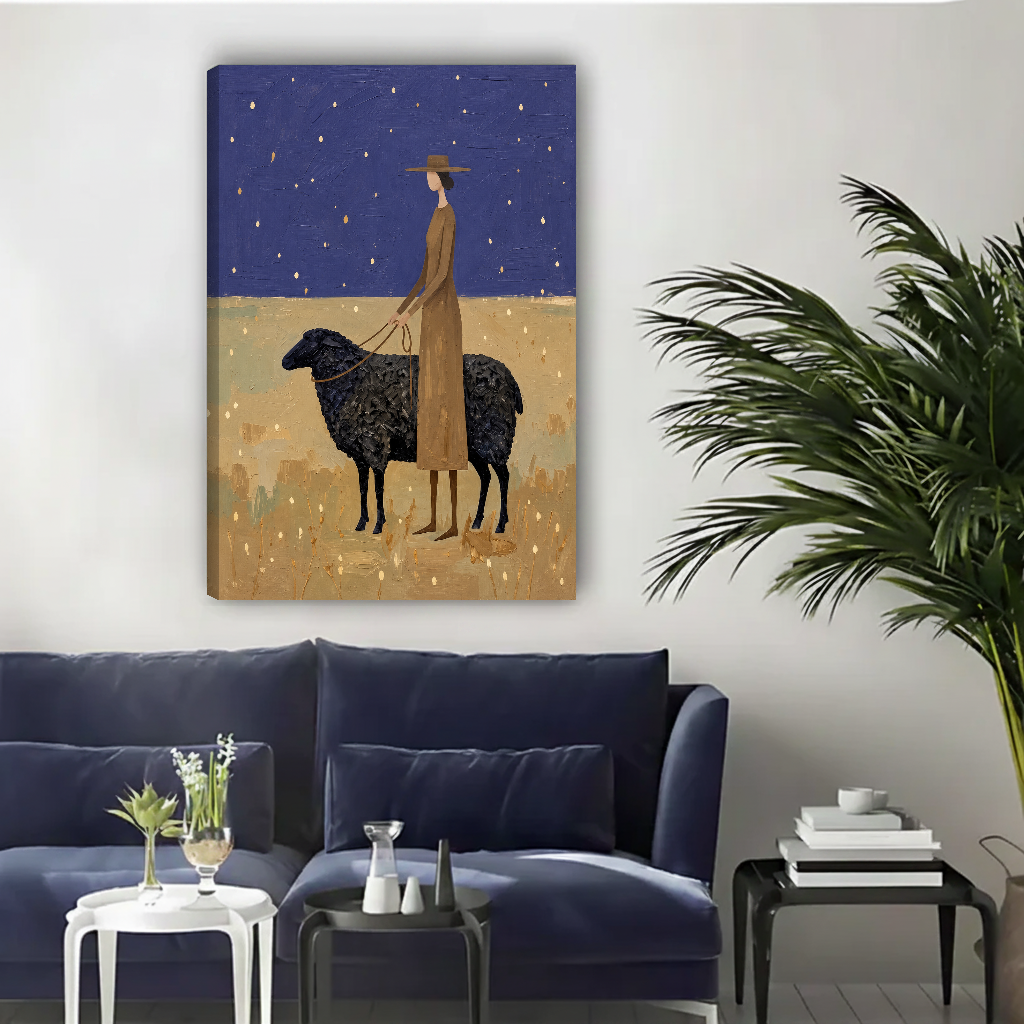 Woman Black Sheep Canvas Wall Art unframed above a navy sofa with light wall and palm.