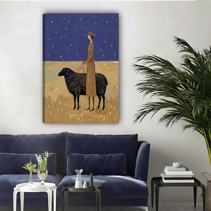 Woman Black Sheep Canvas Wall Art unframed above a navy sofa with light wall and palm.