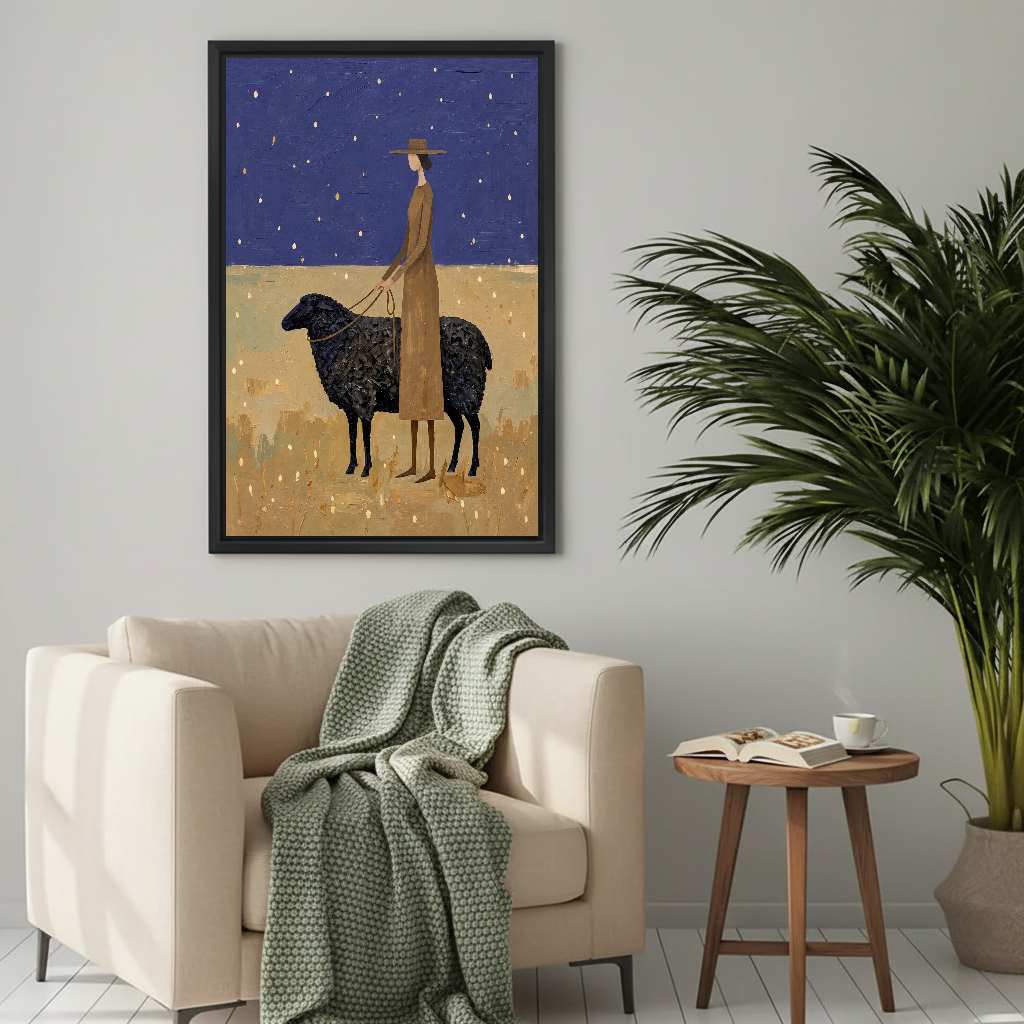 Woman Black Sheep Canvas Wall Art framed beside a cream armchair with a green knitted throw.
