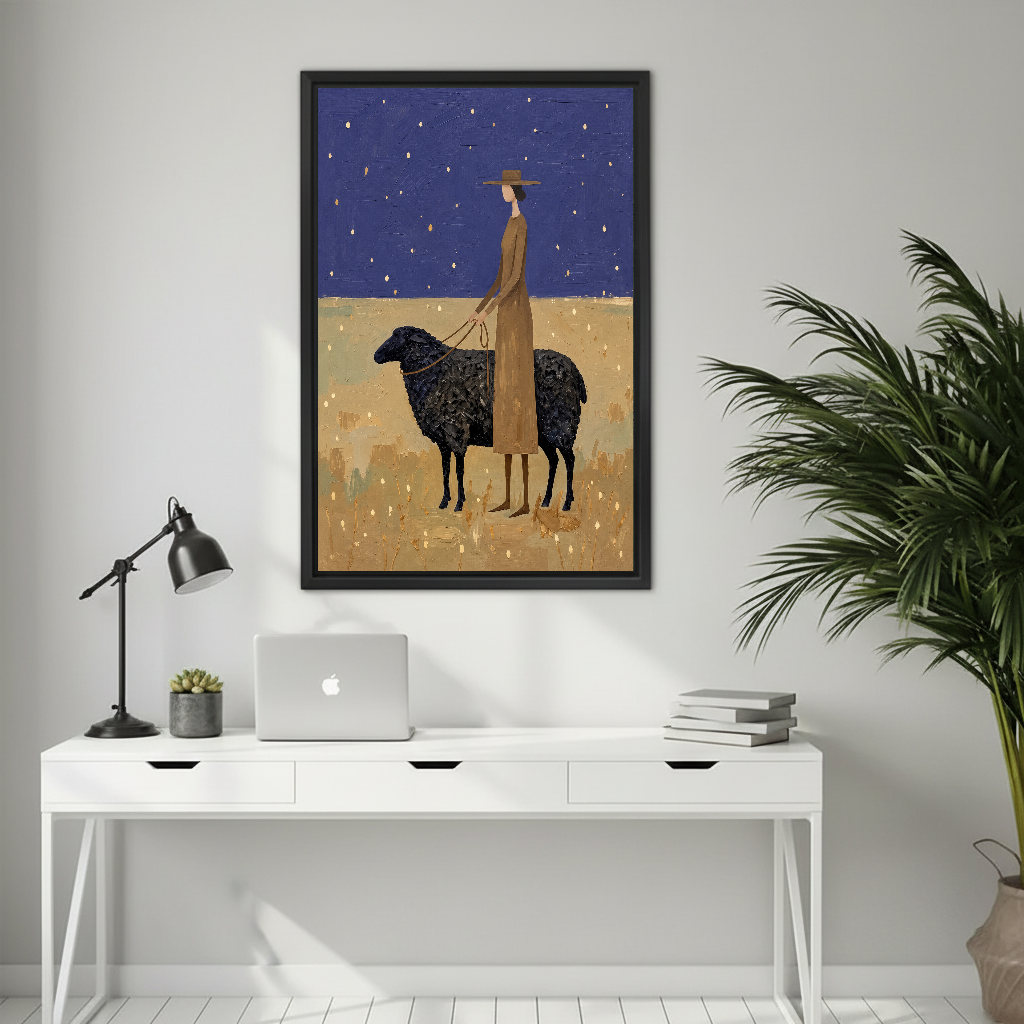 Woman Black Sheep Canvas Wall Art framed above a white desk with laptop and black lamp.