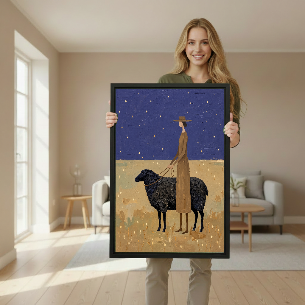Woman Black Sheep Canvas Wall Art held in a black frame by a woman in a neutral room.