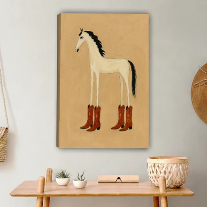Cowboy Boots Horse Canvas Wall Art unframed above a light wood console and woven basket.