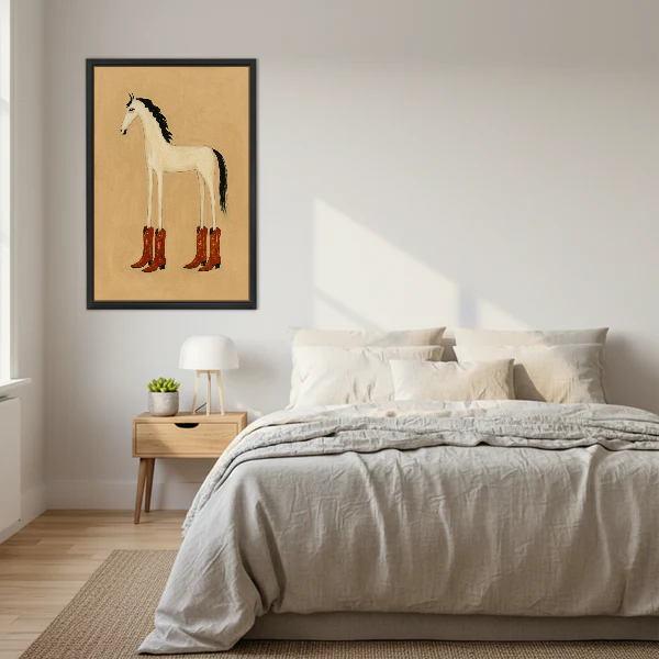 Cowboy Boots Horse Canvas Wall Art framed above a cream bed with wooden nightstands.