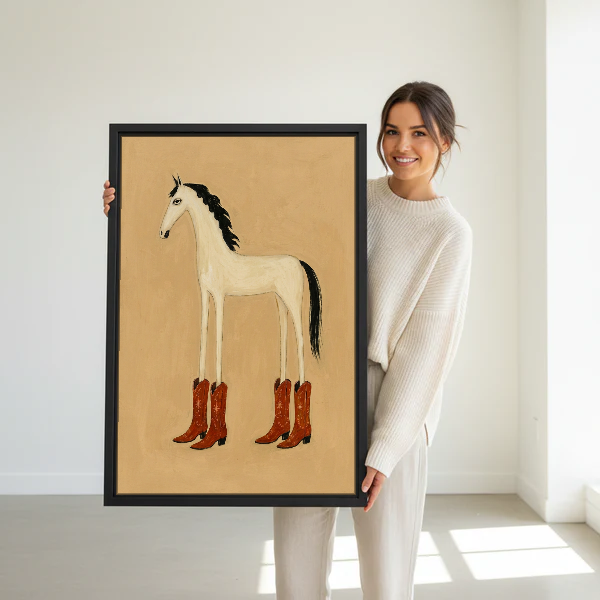 Cowboy Boots Horse Canvas Wall Art held in a black frame by a standing woman in white.