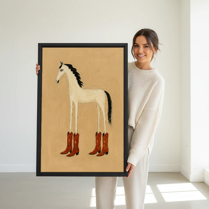 Cowboy Boots Horse Canvas Wall Art held in a black frame by a standing woman in white.