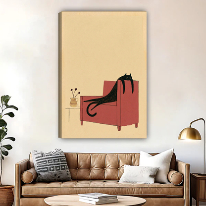 Lounging Chair Cat Canvas Wall Art unframed above a brown leather sofa and coffee table.
