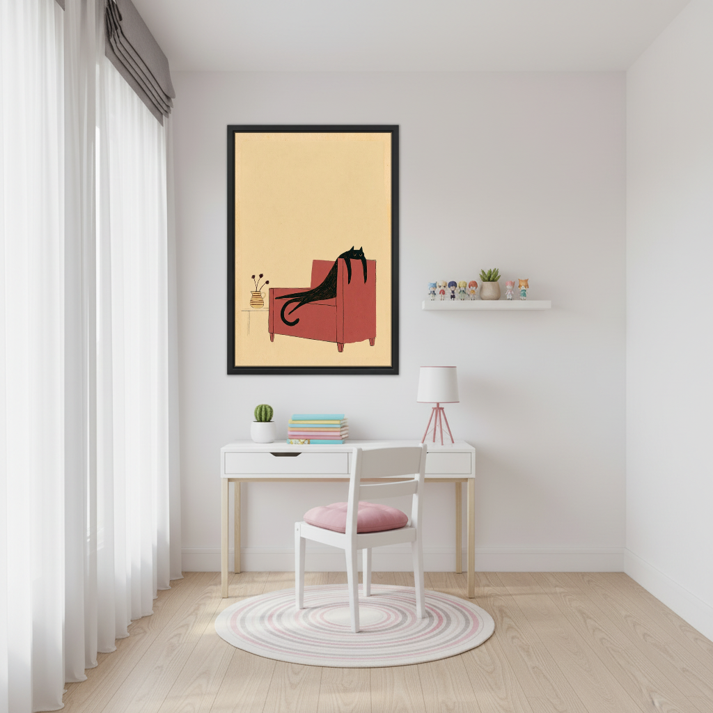 Lounging Chair Cat Canvas Wall Art framed above a white study desk with pink chair.