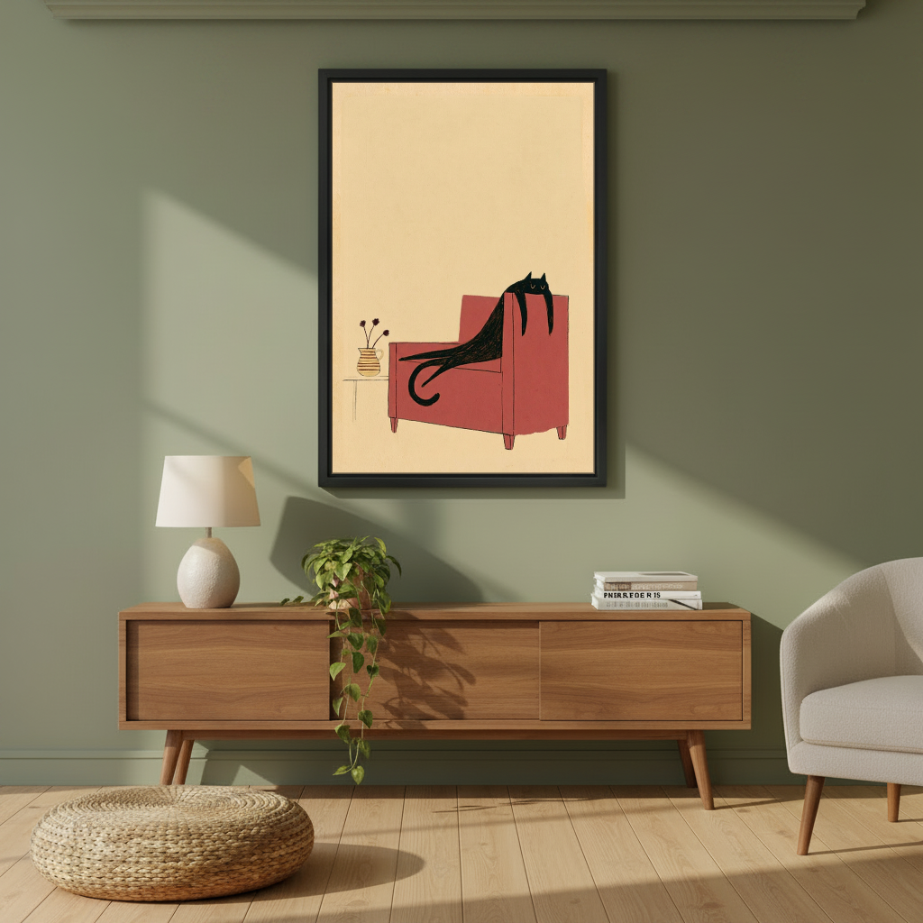 Lounging Chair Cat Canvas Wall Art framed above a wood console against an olive wall.