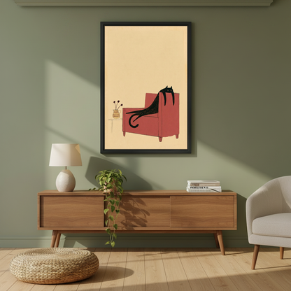 Lounging Chair Cat Canvas Wall Art framed above a wood console against an olive wall.
