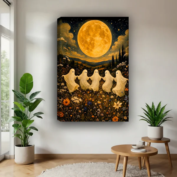 Moonlit Dancing Ghosts Canvas Wall Art unframed above a wood table with green plants.