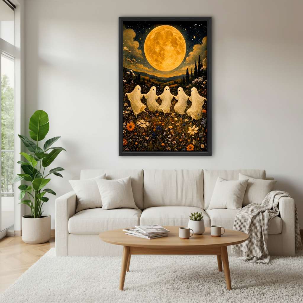 Moonlit Dancing Ghosts Canvas Wall Art framed above a white sofa and round coffee table.