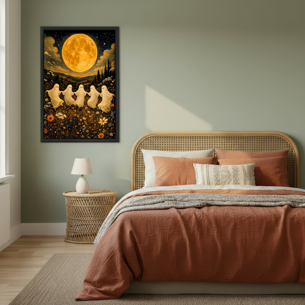 Moonlit Dancing Ghosts Canvas Wall Art framed above a copper bed against a muted green wall.