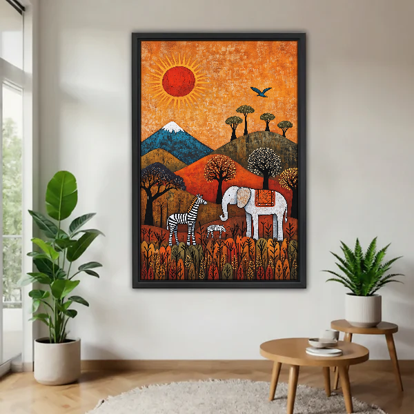 Folk Safari Animals Canvas Wall Art framed above a warm wood table with leafy plants.