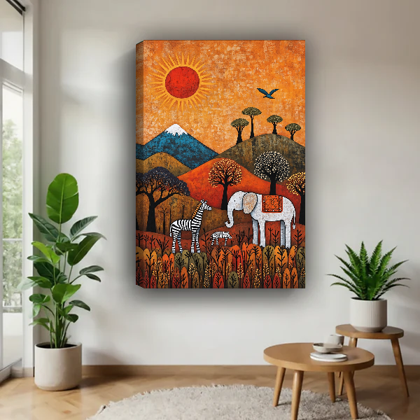 Folk Safari Animals Canvas Wall Art unframed above a wood table with green plants.