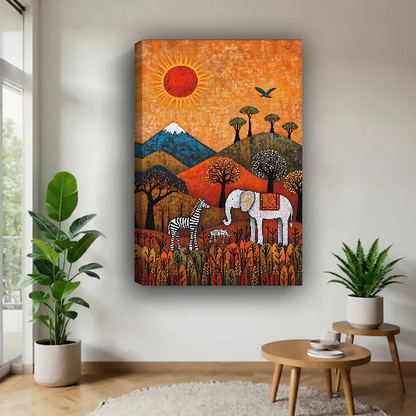 Folk Safari Animals Canvas Wall Art unframed above a wood table with green plants.