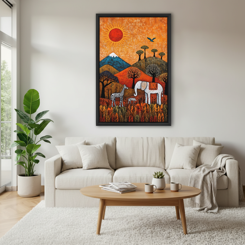 Folk Safari Animals Canvas Wall Art framed above a white sofa and round coffee table.